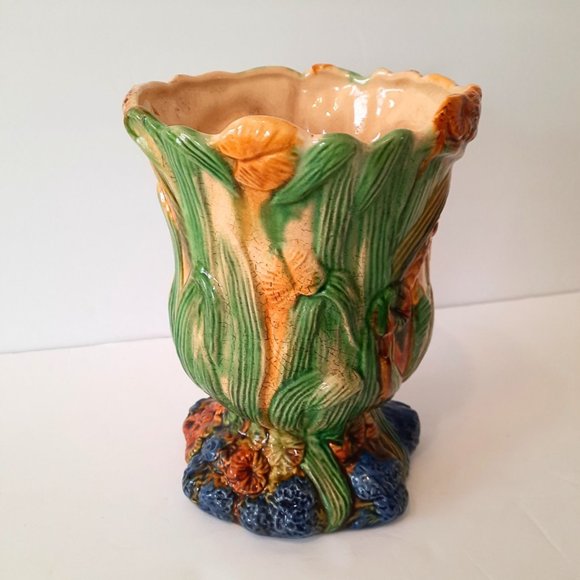 Art Nouveau-Style DRIP GLAZE VASE, Underwater Scene in Colorful Relief, 8" x 6" - Picture 1 of 11